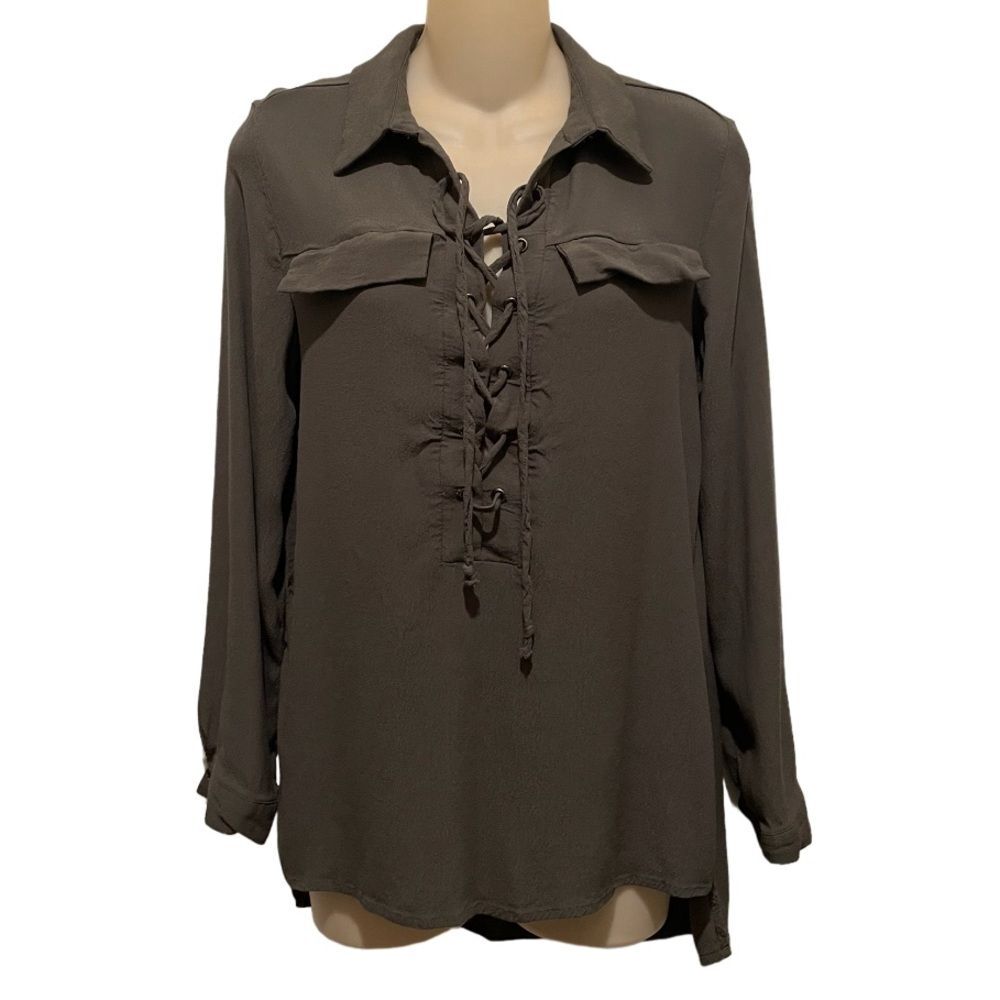 Lulu's Women’s The Once in a Lifetime Olive Green Lace-Up Top Long Sleeves Small